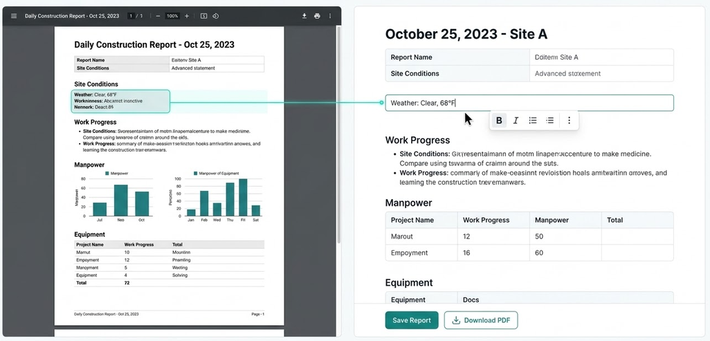 Side-by-Side-Editor von Bauberichtdigital: links der eingescannte handgeschriebene Bautagesbericht, rechts das automatisch ausgefüllte digitale Formular.